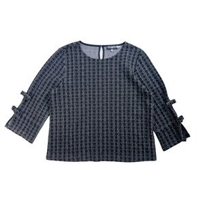 KARL LAGERFELD Paris Black White Plaid Bow 3/4 Sleeve Blouse Top Women's Large